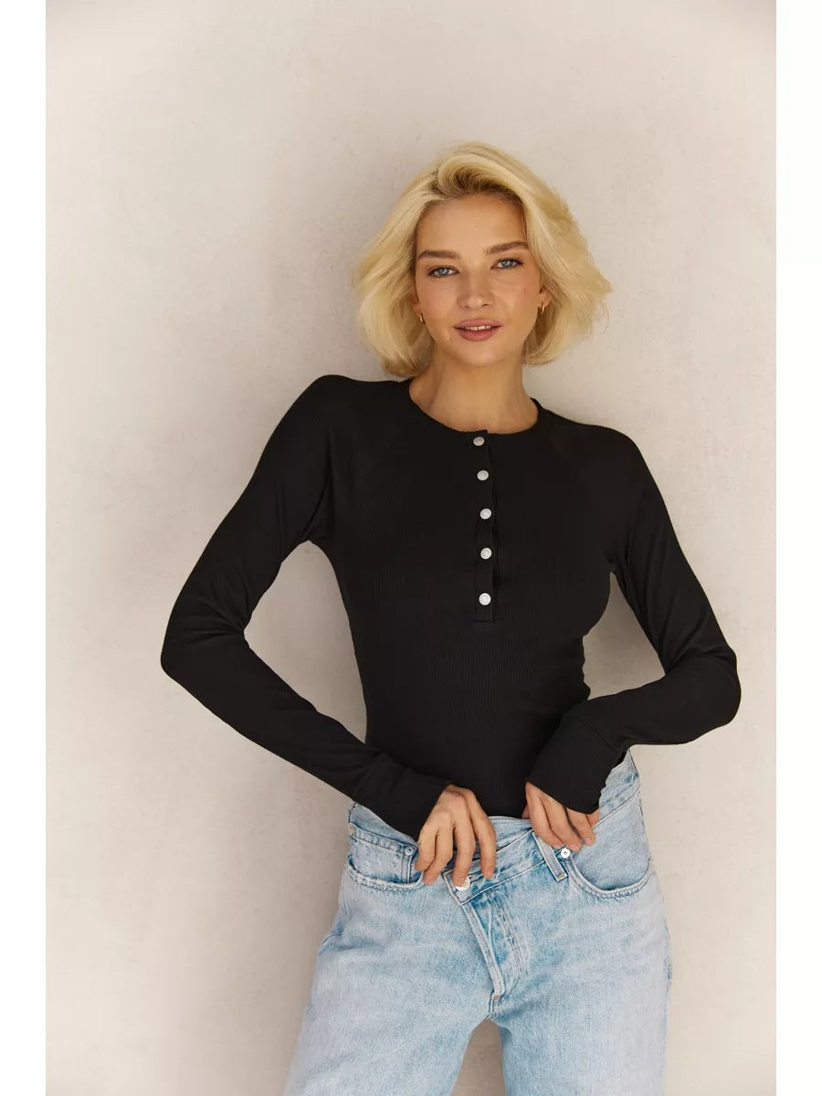 Damen Langarmshirt mit Knopfleiste und feiner Rippstruktur Heidi-Mode