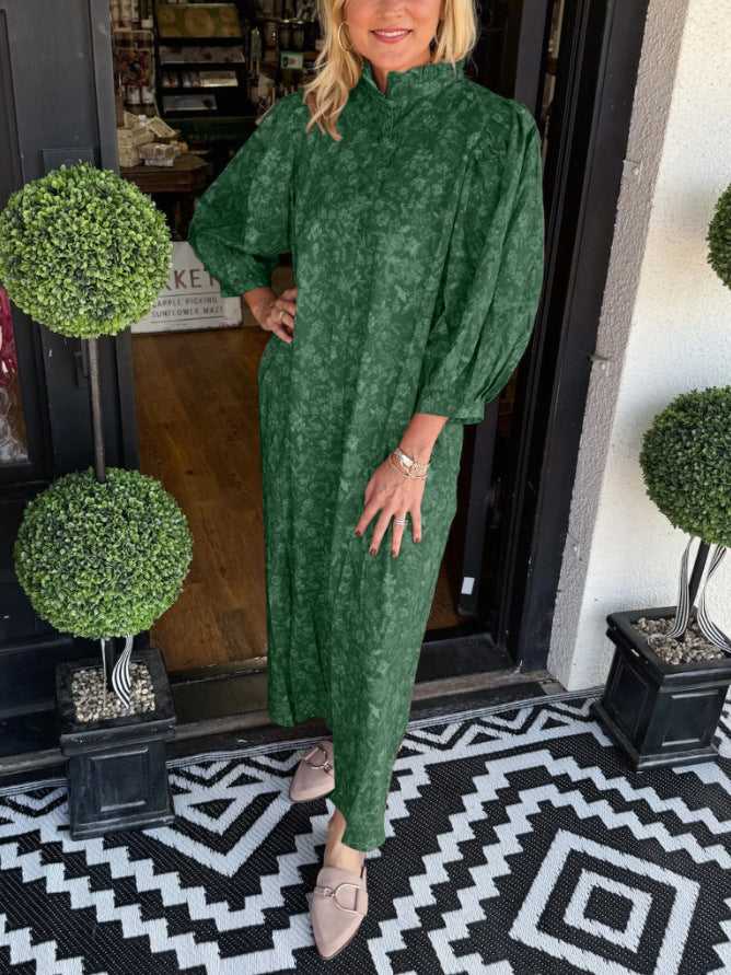 Damen Maxi-Hemdkleid mit botanischem Druck und eleganten Puffärmeln Heidi-Mode