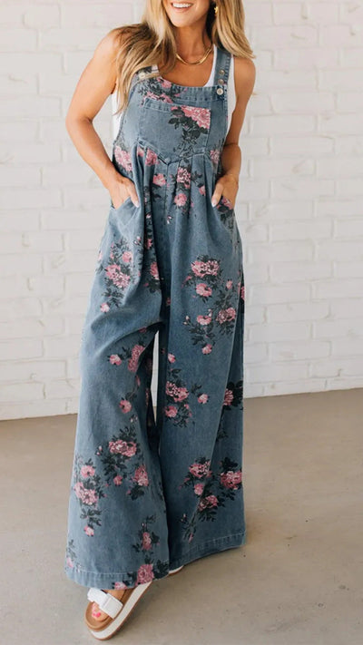 Damen Baumwoll-Overall mit floralem Druck und weiten Beinen Heidi-Mode