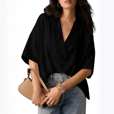 Damen lockeres und stilvolles Blusenoberteil mit V-Ausschnitt und kurzen Ärmeln Heidi-Mode