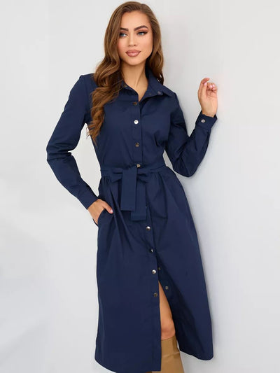 Damen Langarm Hemdkleid mit eleganter Taillenschnürung und Knopfleiste Heidi-Mode