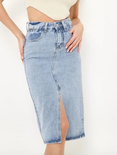Damen denim Midirock mit hohem Schlitz und vielseitigem Design Heidi-Mode