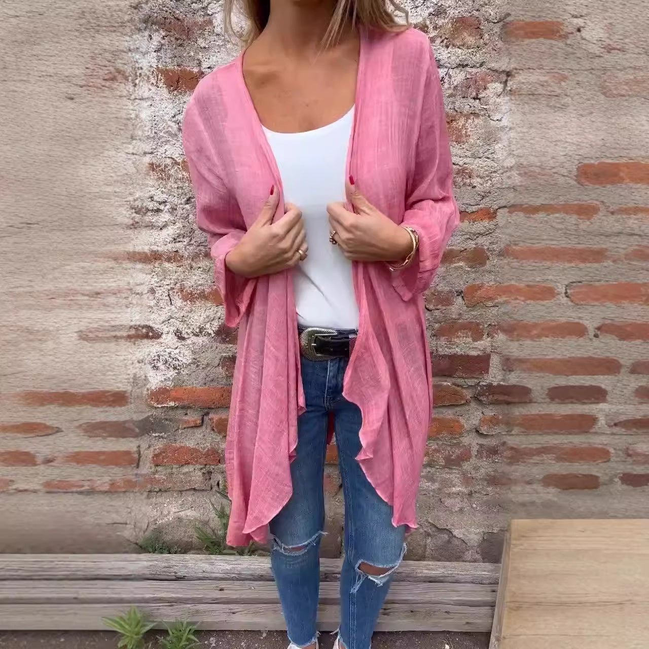 Damen Longcardigan aus leichtem, strukturiertem Stoff mit offener Front und eleganten Ärmeln Heidi-Mode