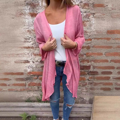 Damen Longcardigan aus leichtem, strukturiertem Stoff mit offener Front und eleganten Ärmeln Heidi-Mode