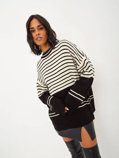 Damen lässiger Strickpullover mit breitem Streifenmuster und lässigem Schnitt Heidi-Mode