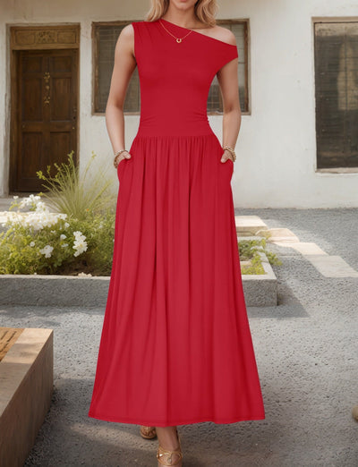 Damen Maxikleid mit asymmetrischem Ausschnitt und fließendem Rock Heidi-Mode