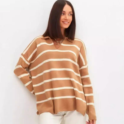 Damen lässiger Strickpullover mit klassischem Polokragen und modischem Streifenmuster Heidi-Mode