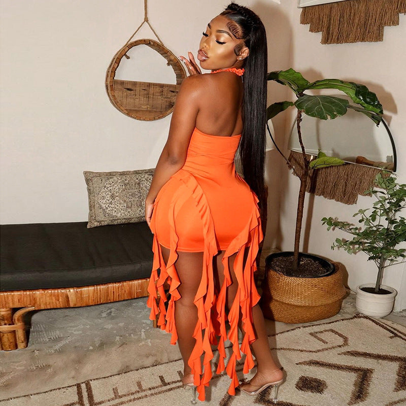 Damen Designer Minikleid mit aufregenden Fransen und schulterfreiem Schnitt Heidi-Mode