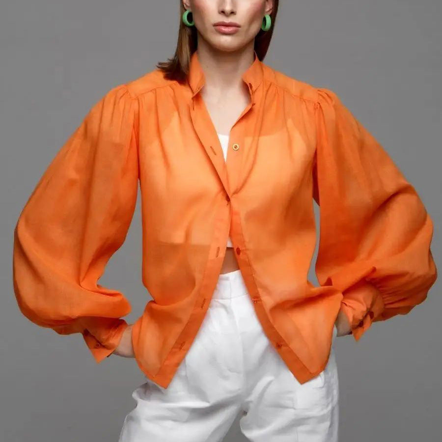 Damen Elegante Bluse mit voluminösen Puffärmeln und transparentem Stoff Heidi-Mode