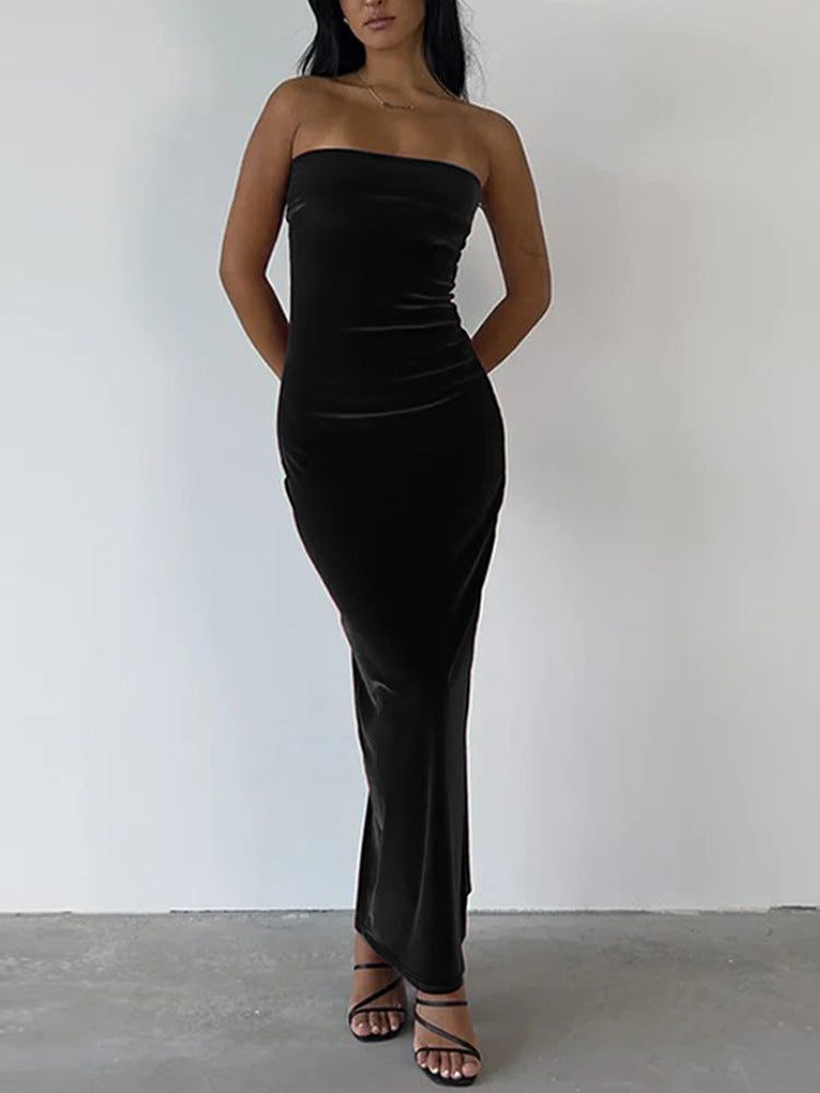 Damen figurbetontes Wickelkleid mit schulterfreiem Design und luxuriösem Samtfinish Heidi-Mode