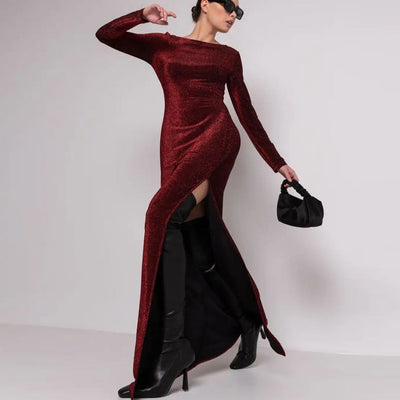 Damen Glamouröses Maxikleid mit langem Arm und eleganter Rückenansicht Heidi-Mode