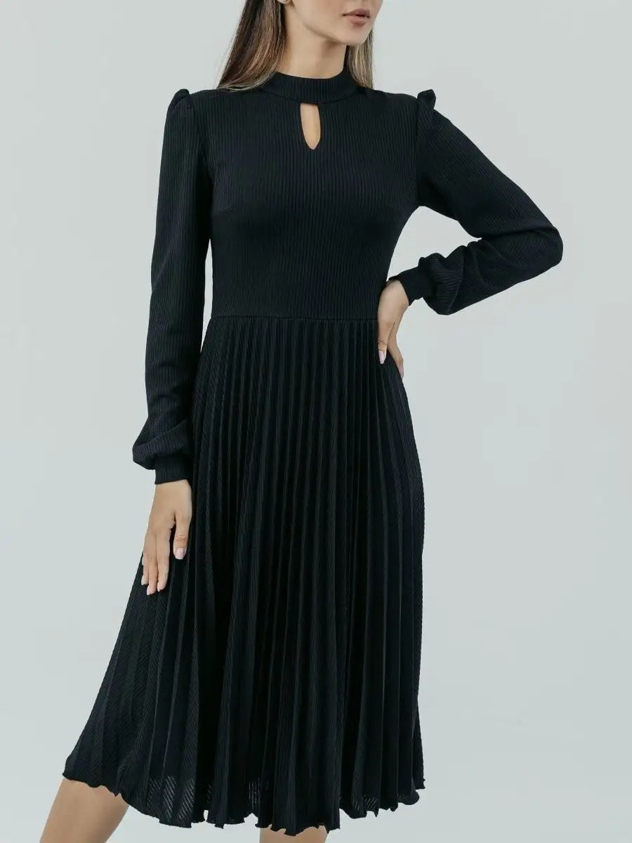 Damen elegantes Midi-Kleid mit Plisseedetails und Stehkragen Heidi-Mode