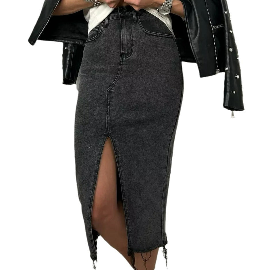 Damen Midirock mit seitlichem Schlitz und fransigem Saum Heidi-Mode