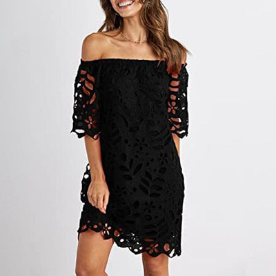 Damen Romantisches Off-Shoulder Kleid mit floralem Lochmuster und weit geschnittenen Ärmeln Heidi-Mode