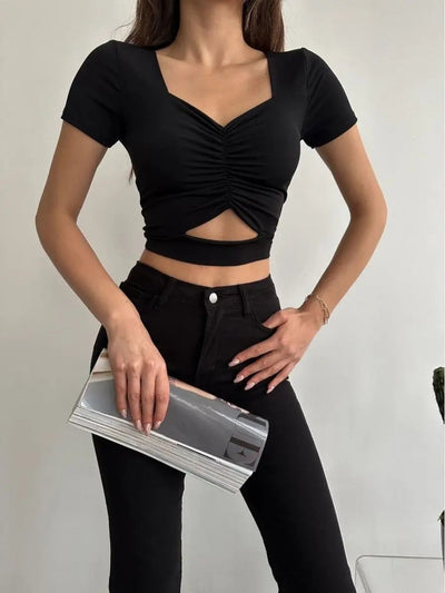 Damen figurbetontes Oberteil mit V-Ausschnitt und gerafftem Design Heidi-Mode