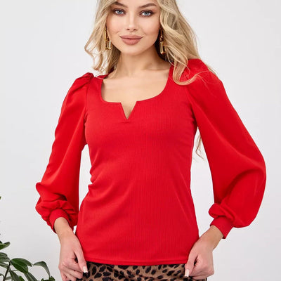 Damen Langarm-Oberteil mit elegantem V-Ausschnitt und voluminösen Ärmel Heidi-Mode