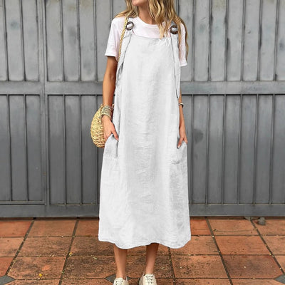 Damen Lässiges Leinenkleid mit praktischen Trägerdetails und großen Taschen Heidi-Mode