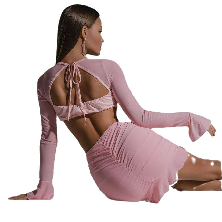 Damen Oberteil und Minirock Set mit transparenten Ärmeln und geschmeidigem Material Heidi-Mode