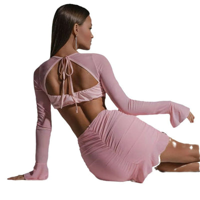 Damen Oberteil und Minirock Set mit transparenten Ärmeln und geschmeidigem Material Heidi-Mode