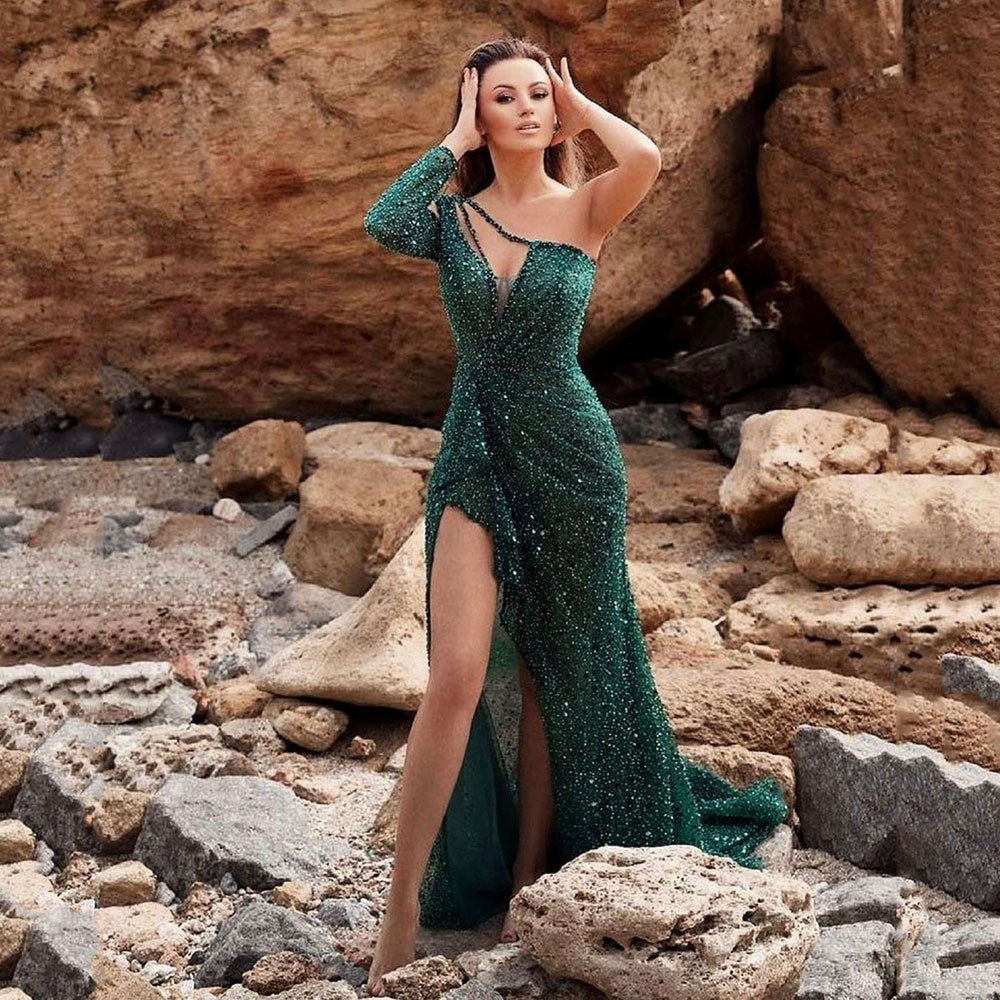 Damen Glamouröses Abendkleid mit tiefem V-Ausschnitt, asymmetrischem Schnitt und funkelnden Strasssteinen Heidi-Mode