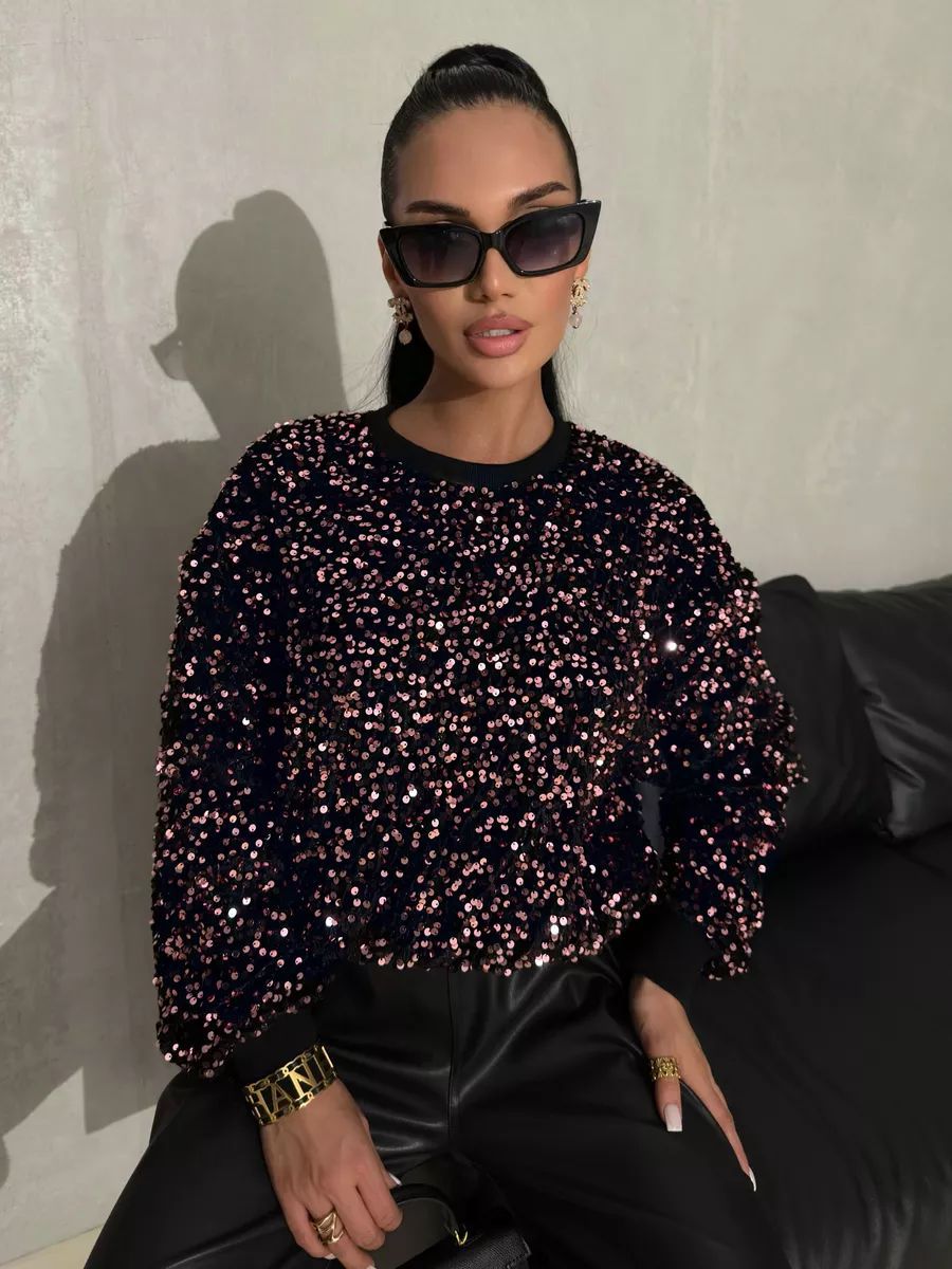 Damen Glitzernder Pullover mit oversized Schnitt und funkelndem Strass Heidi-Mode