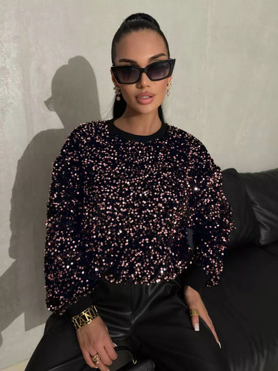Damen Glitzernder Pullover mit oversized Schnitt und funkelndem Strass Heidi-Mode