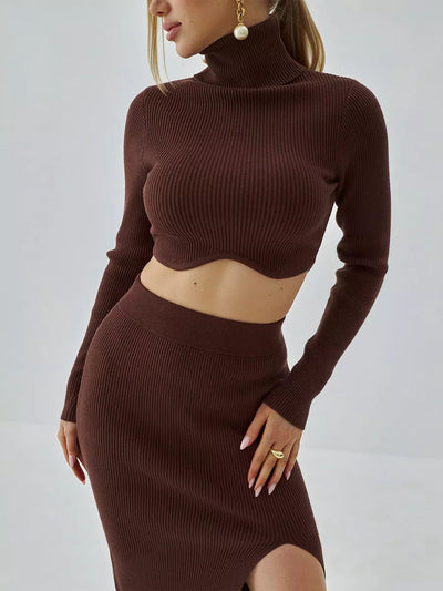Damen Strick-Oberteil und Midi-Rock Set mit hohen Schlitz-Details Heidi-Mode