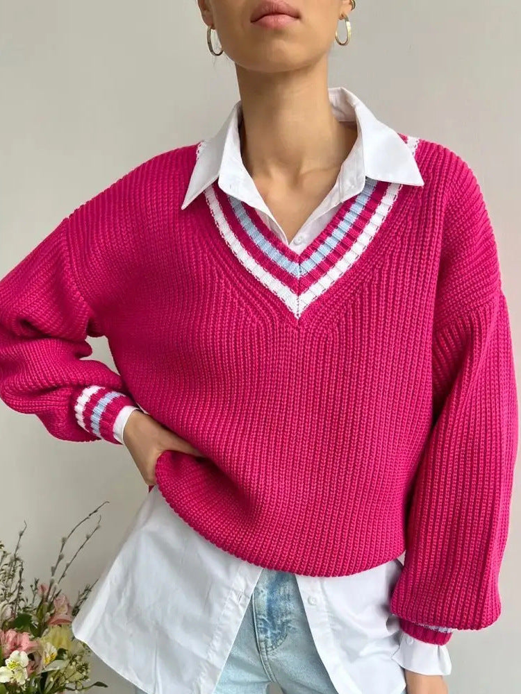 Damen Strickpullover mit V-Ausschnitt und gestreiften Details Heidi-Mode