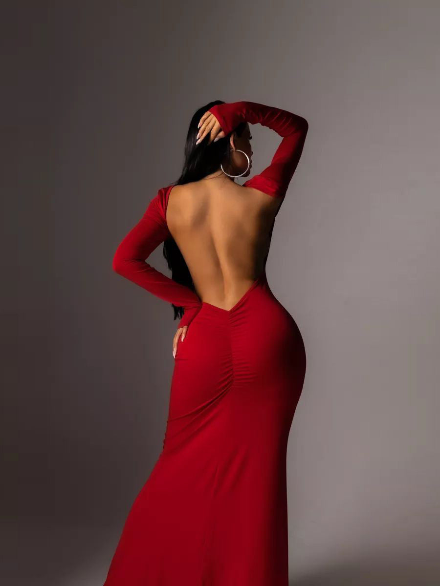 Damen Elegantes Maxikleid mit tiefem Rückenausschnitt und langen Ärmeln Heidi-Mode