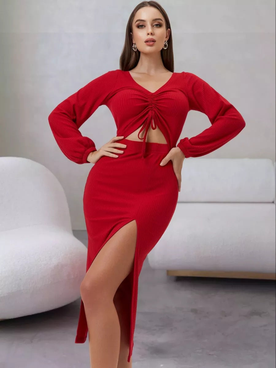 Damen langärmliges Wickelkleid mit hohem Schlitz und dekorativem Knoten Heidi-Mode