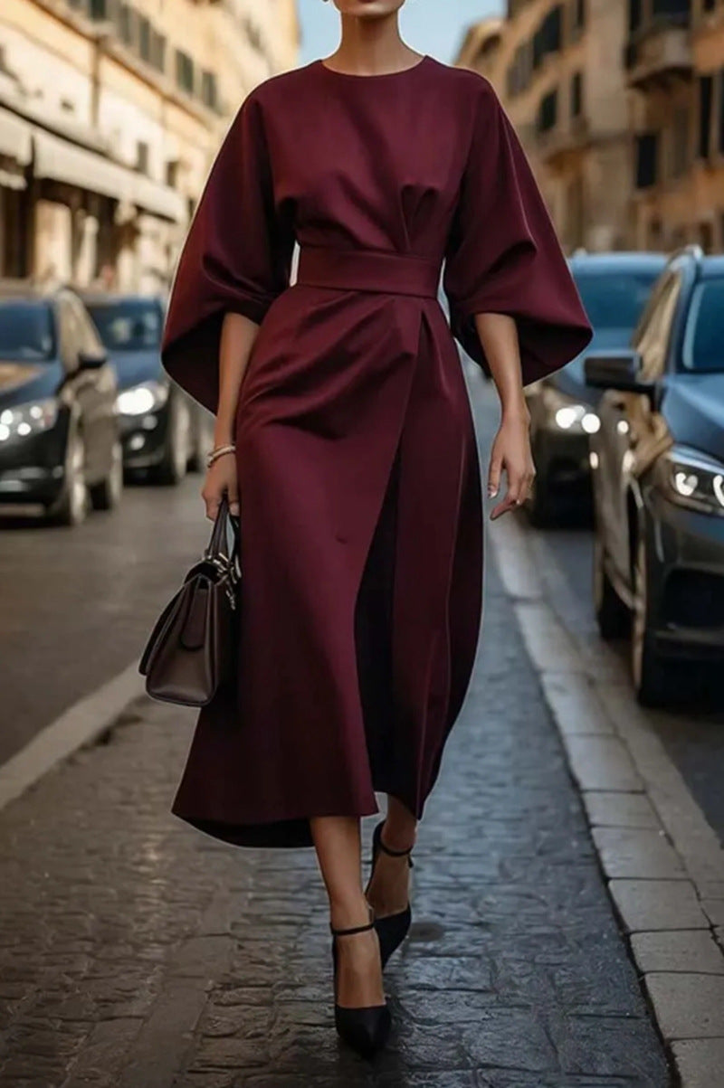 Damen elegantes Maxikleid mit oversized Ärmeln und tailliertem Gürtel Heidi-Mode