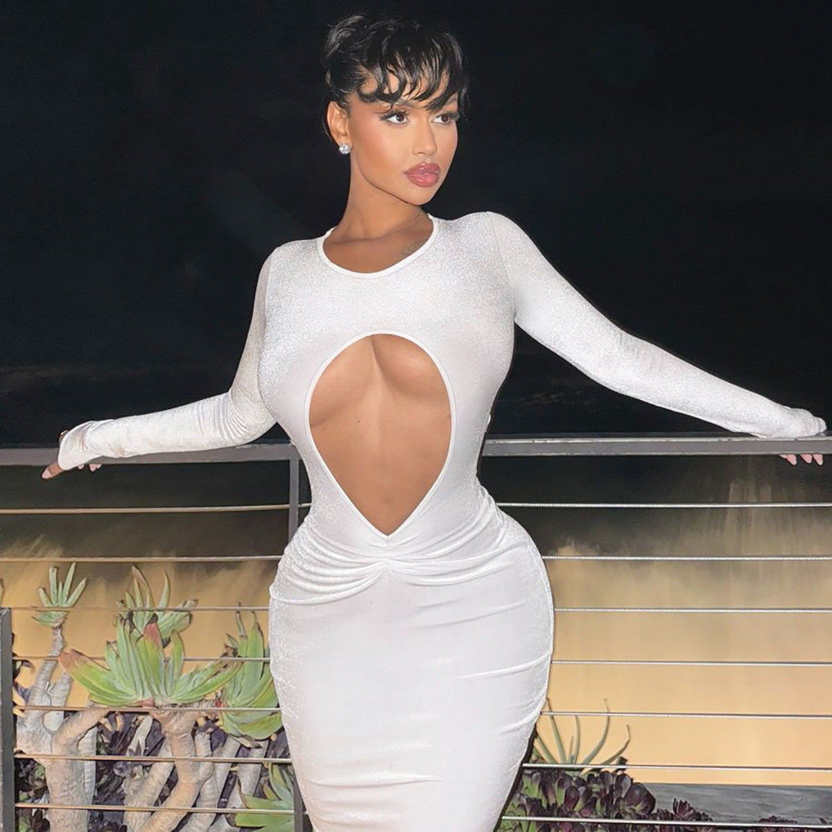 Damen Glamouröses Figurbetontes Kleid mit außergewohnlichem Ausschnitt und Langen Ärmeln Heidi-Mode