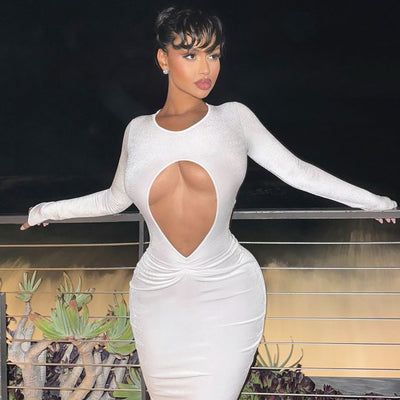 Damen Glamouröses Figurbetontes Kleid mit außergewohnlichem Ausschnitt und Langen Ärmeln Heidi-Mode