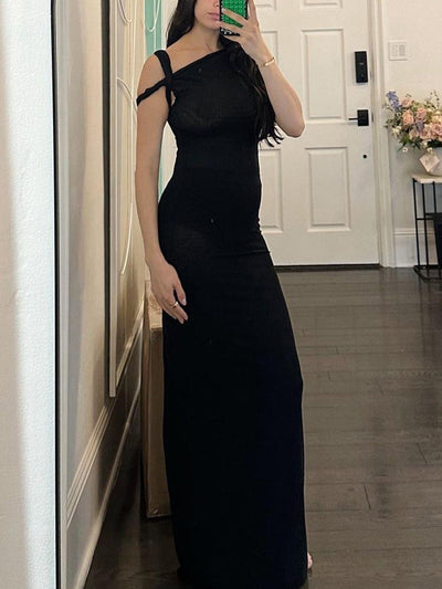 Damen figurbetontes Maxikleid mit asymmetrischen Trägern und elegantem Schnitt Heidi-Mode