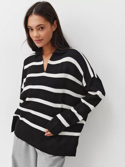 Damen lässiger Strickpullover mit klassischem Polokragen und modischem Streifenmuster Heidi-Mode