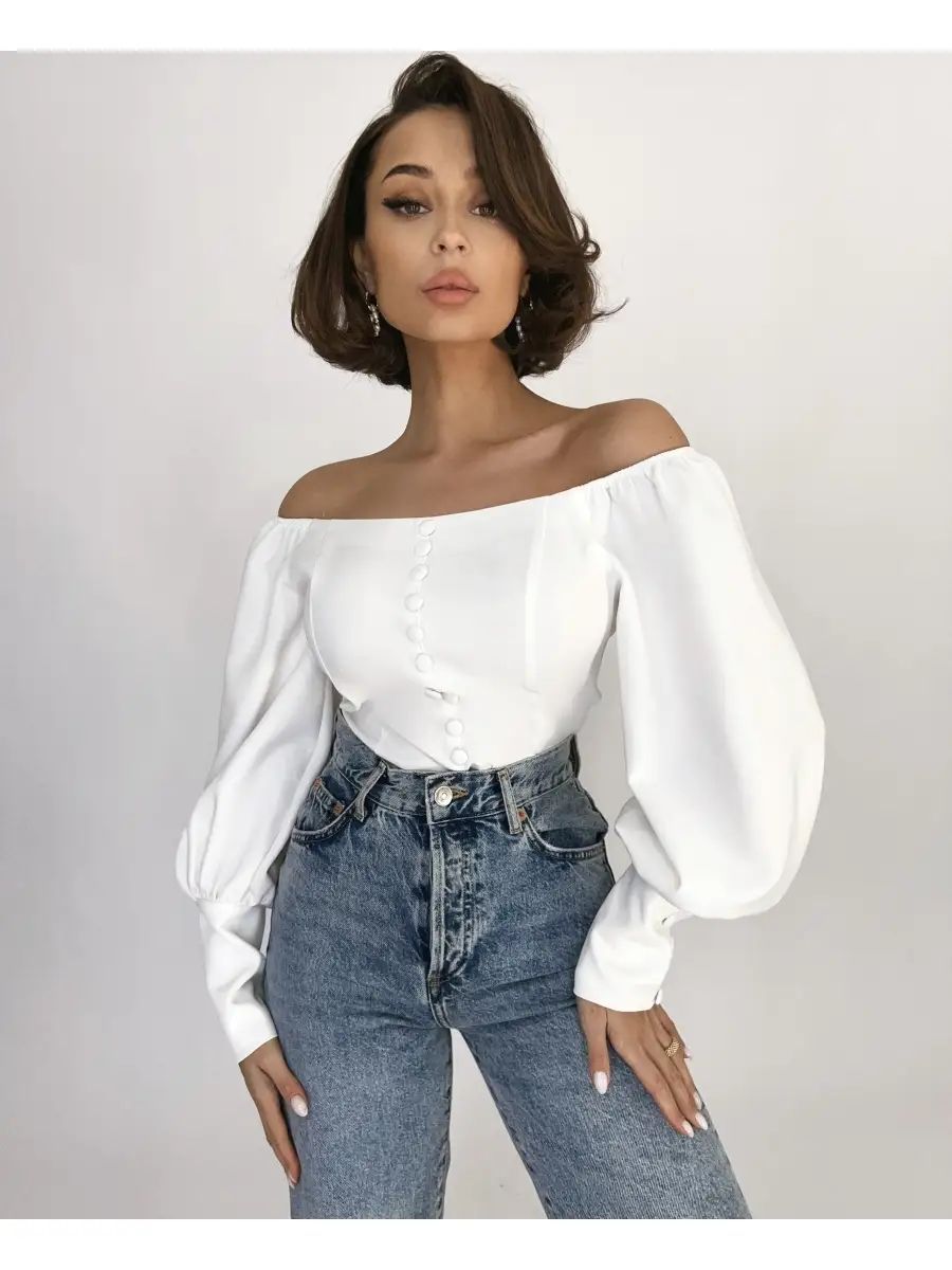 Damen Off-Shoulder Bluse mit eleganten Puffärmeln und Knopfdetails Heidi-Mode