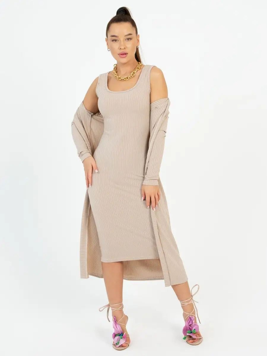 Damen gestreiftes Langarmkleid mit passendem Cardigan Heidi-Mode