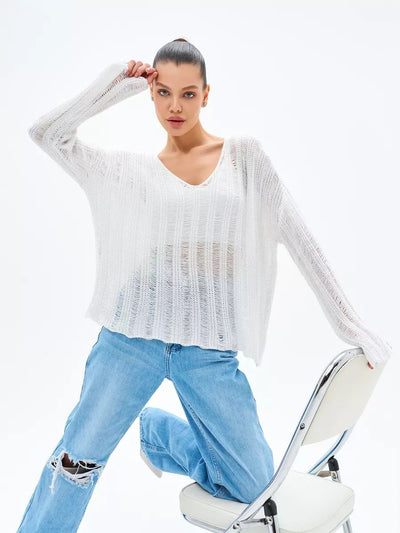 Damen Übergröße Pullover aus leichtem Strickmaterial mit raffiniertem Lochmuster Heidi-Mode