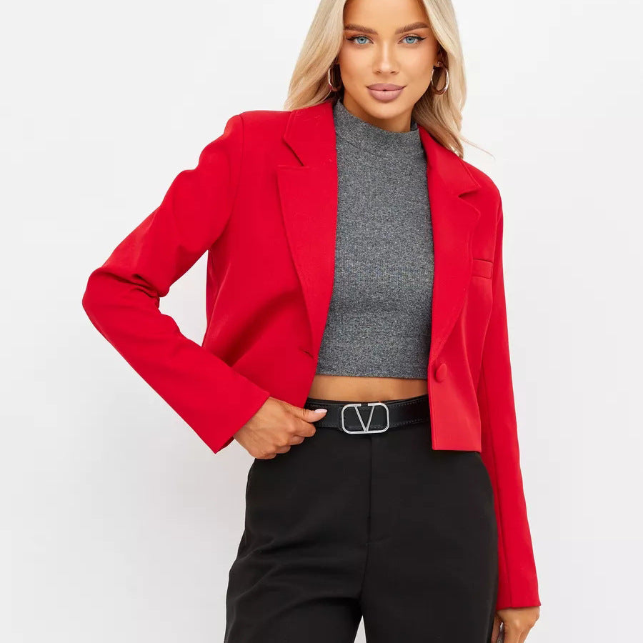Damen elegante Cropped Blazerjacke mit klassischem Schnitt und Schulterpolster Heidi-Mode