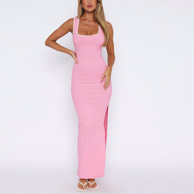 Damen elegantes Maxikleid mit quadratisch ausgeschnittenem Dekolleté und feiner Rüschendetails Heidi-Mode