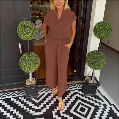 Damen Jumpsuit mit lockerer Passform und elegantem V-Ausschnitt Heidi-Mode