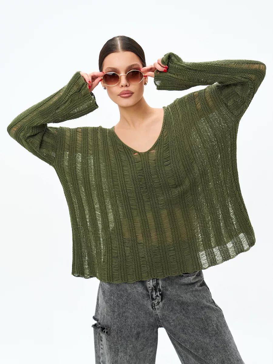 Damen Übergröße Pullover aus leichtem Strickmaterial mit raffiniertem Lochmuster Heidi-Mode