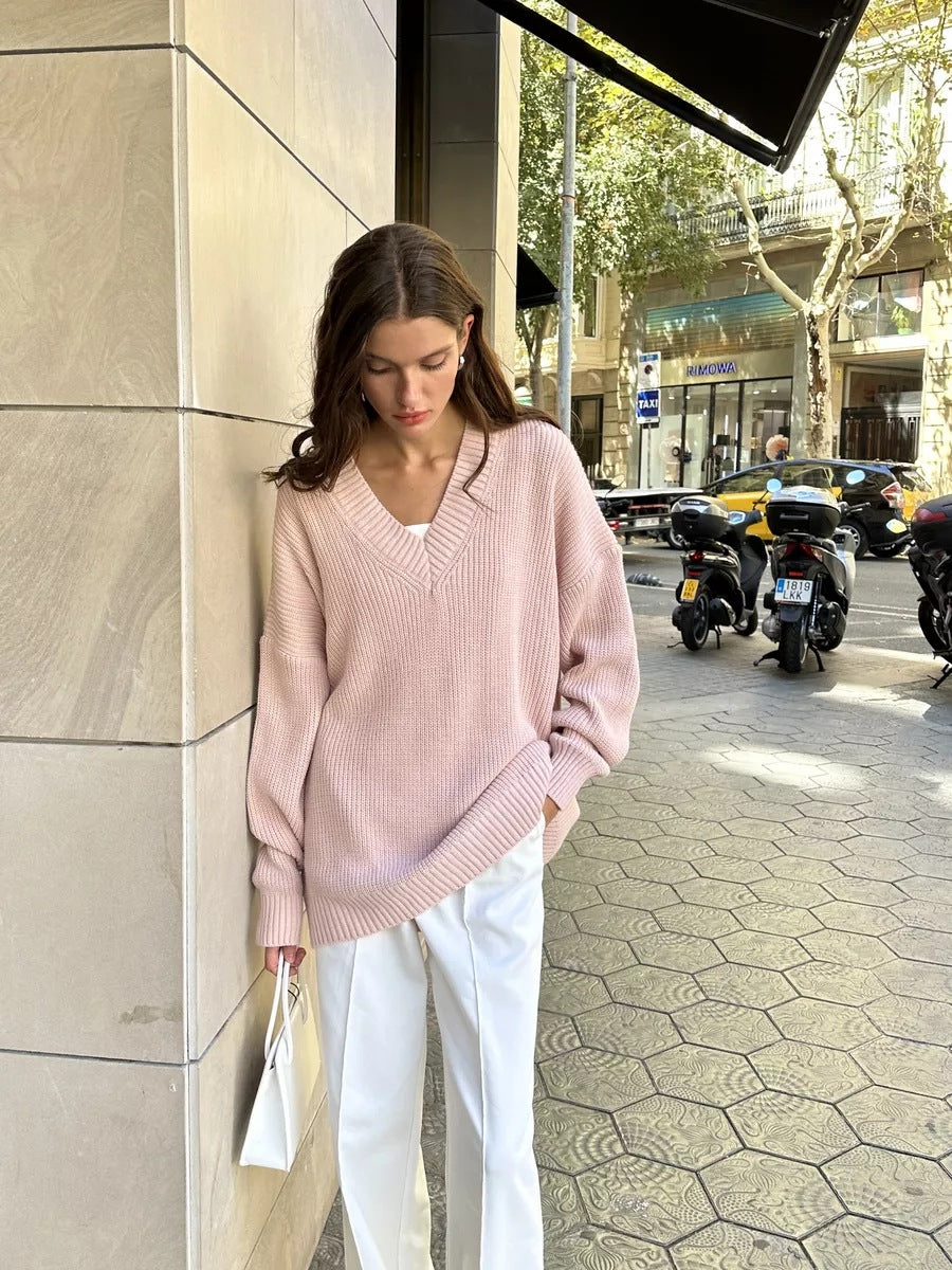Damen lässiger Strickpullover mit V-Ausschnitt und übergroßen Ärmeln Heidi-Mode