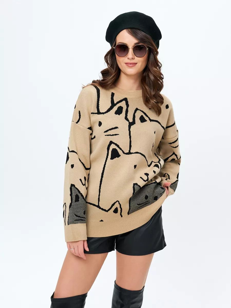 Damen lässiger Pullover mit modernem Katzendesign und oversized Passform Heidi-Mode