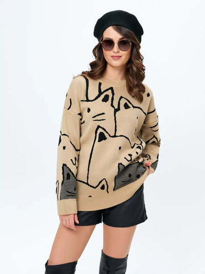 Damen lässiger Pullover mit modernem Katzendesign und oversized Passform Heidi-Mode