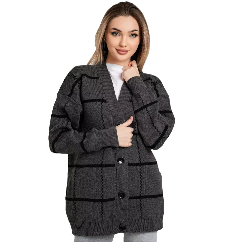 Damen lässiger Karoknitter-Cardigan mit Knöpfen und weitem Schnitt Heidi-Mode