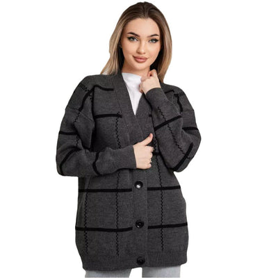 Damen lässiger Karoknitter-Cardigan mit Knöpfen und weitem Schnitt Heidi-Mode