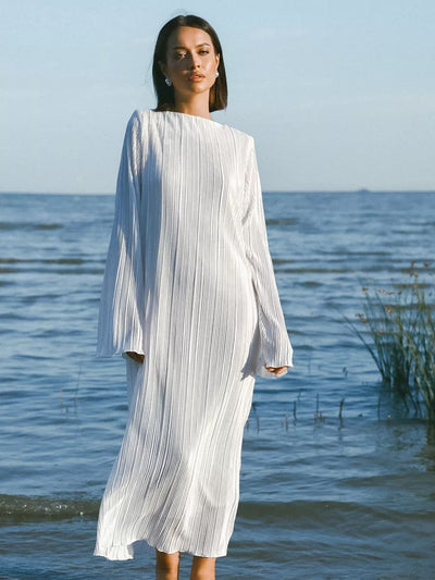 Damen luxuriöses Plisseekleid mit weitem Schlagärmeln und elegantem Schnitt Heidi-Mode