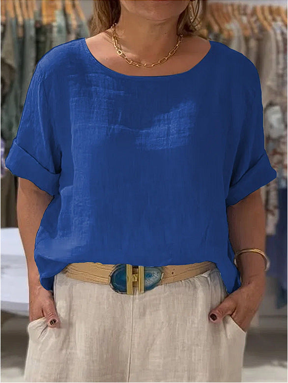 Damen lässige Leinenbluse mit umschlagbaren Ärmeln und elegantem Rundhalsausschnitt Heidi-Mode