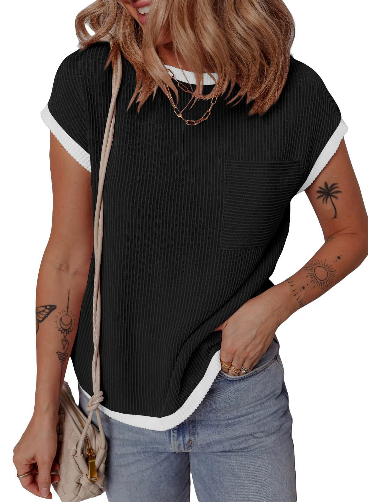 Damen lässiges Kurzarmshirt mit feiner Rippstruktur und praktischer Brusttasche Heidi-Mode